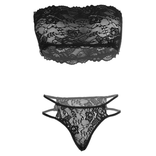 Women’s Floral Lace Bandeau Bralette & Strappy Thong Set – Elegant Two-Piece Strapless Lingerie Ensemble with Modern Double-Waist Detail