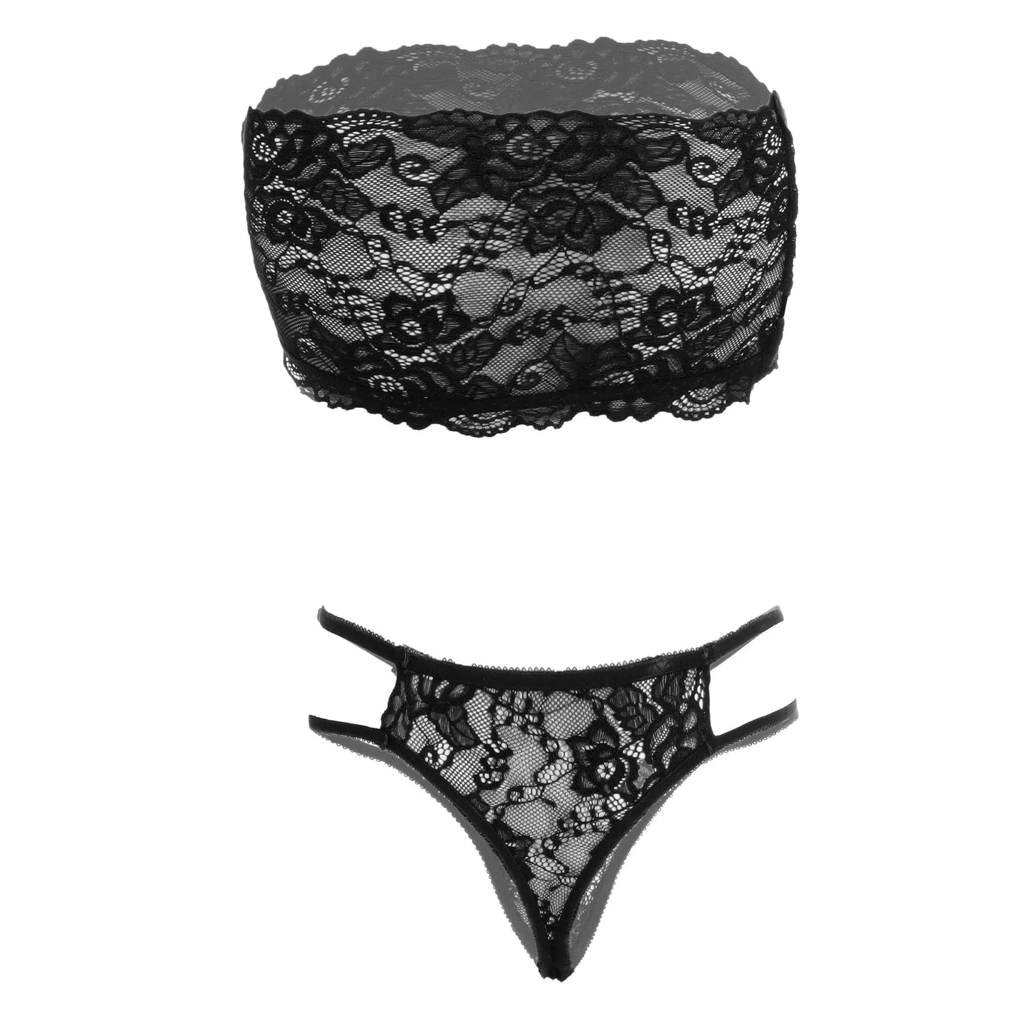 Women’s Floral Lace Bandeau Bralette & Strappy Thong Set – Elegant Two-Piece Strapless Lingerie Ensemble with Modern Double-Waist Detail
