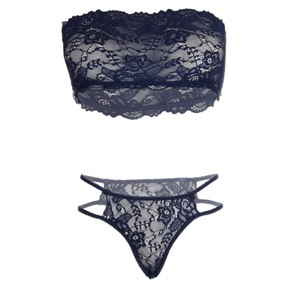 Women’s Floral Lace Bandeau Bralette & Strappy Thong Set – Elegant Two-Piece Strapless Lingerie Ensemble with Modern Double-Waist Detail