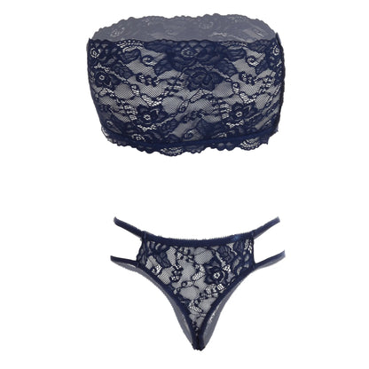 Women’s Floral Lace Bandeau Bralette & Strappy Thong Set – Elegant Two-Piece Strapless Lingerie Ensemble with Modern Double-Waist Detail