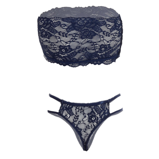 Women’s Floral Lace Bandeau Bralette & Strappy Thong Set – Elegant Two-Piece Strapless Lingerie Ensemble with Modern Double-Waist Detail