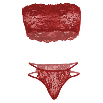 Women’s Floral Lace Bandeau Bralette & Strappy Thong Set – Elegant Two-Piece Strapless Lingerie Ensemble with Modern Double-Waist Detail