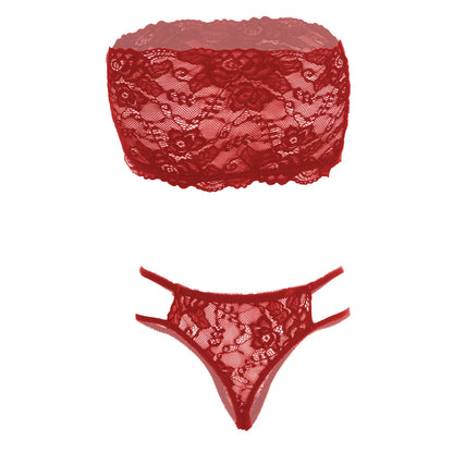 Women’s Floral Lace Bandeau Bralette & Strappy Thong Set – Elegant Two-Piece Strapless Lingerie Ensemble with Modern Double-Waist Detail