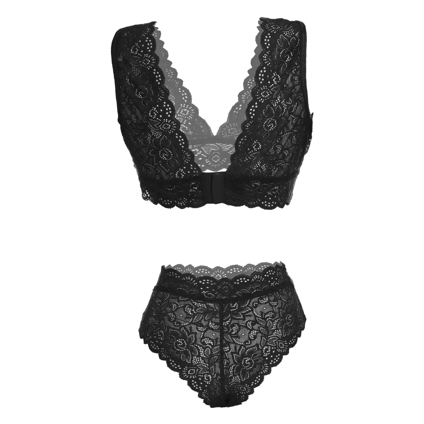 Women’s Floral Eyelash Lace Bralette & High-Waist Panty Set – Elegant Two-Piece Lingerie Ensemble with Intricate Scalloped Edges