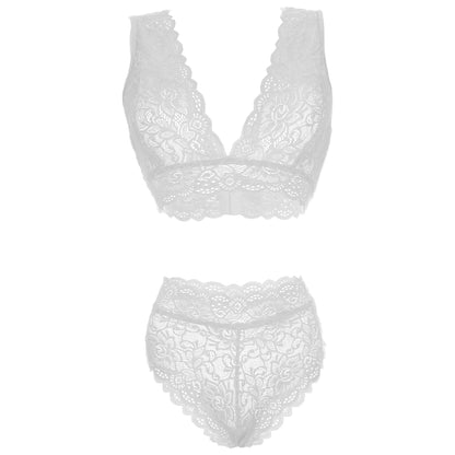 Women’s Floral Eyelash Lace Bralette & High-Waist Panty Set – Elegant Two-Piece Lingerie Ensemble with Intricate Scalloped Edges