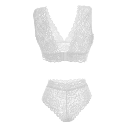Women’s Floral Eyelash Lace Bralette & High-Waist Panty Set – Elegant Two-Piece Lingerie Ensemble with Intricate Scalloped Edges
