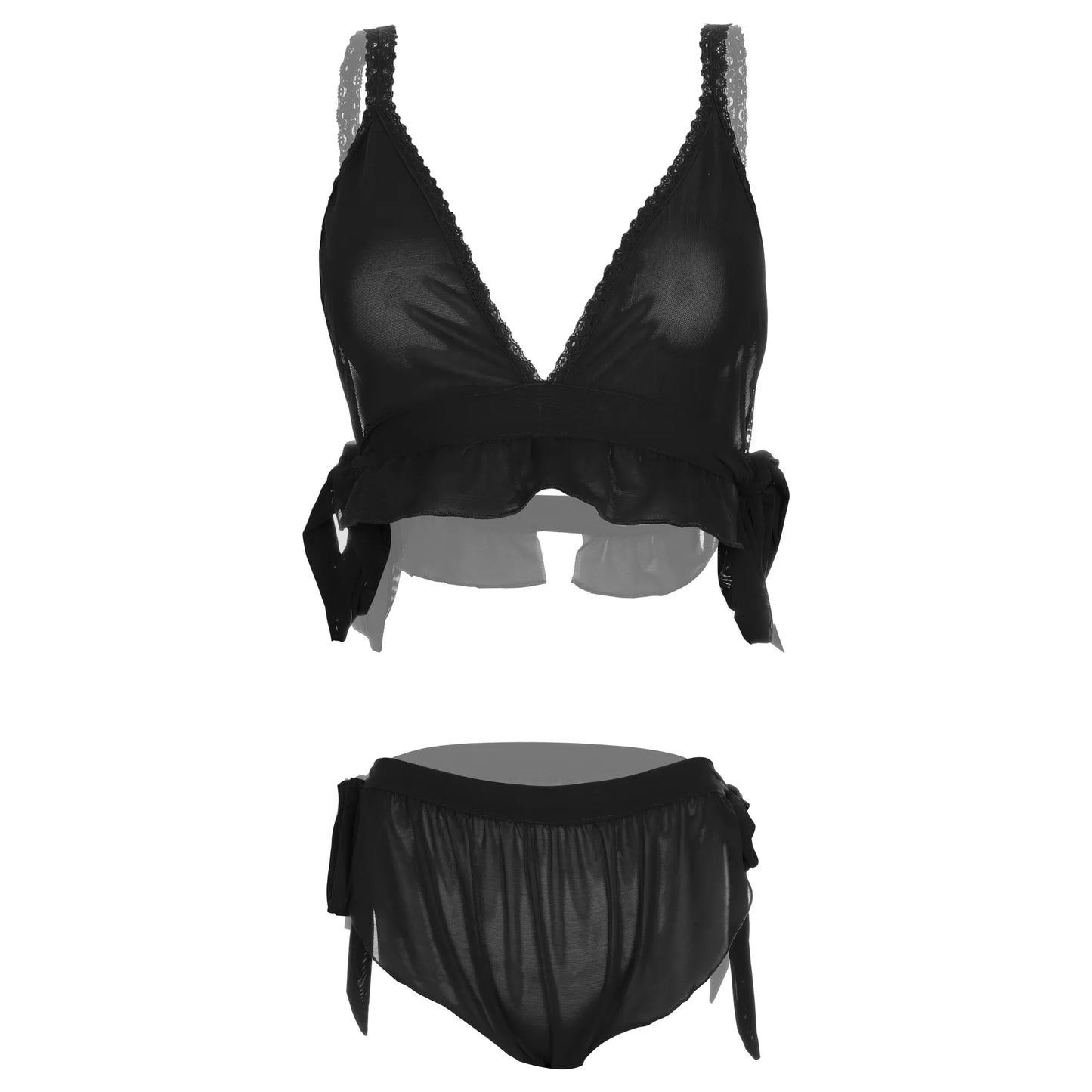Women’s Sheer Ruffled Mesh Triangle Bralette & Tie-Side Panty Set – Elegant Two-Piece Lingerie Ensemble with Adjustable Satin Ties