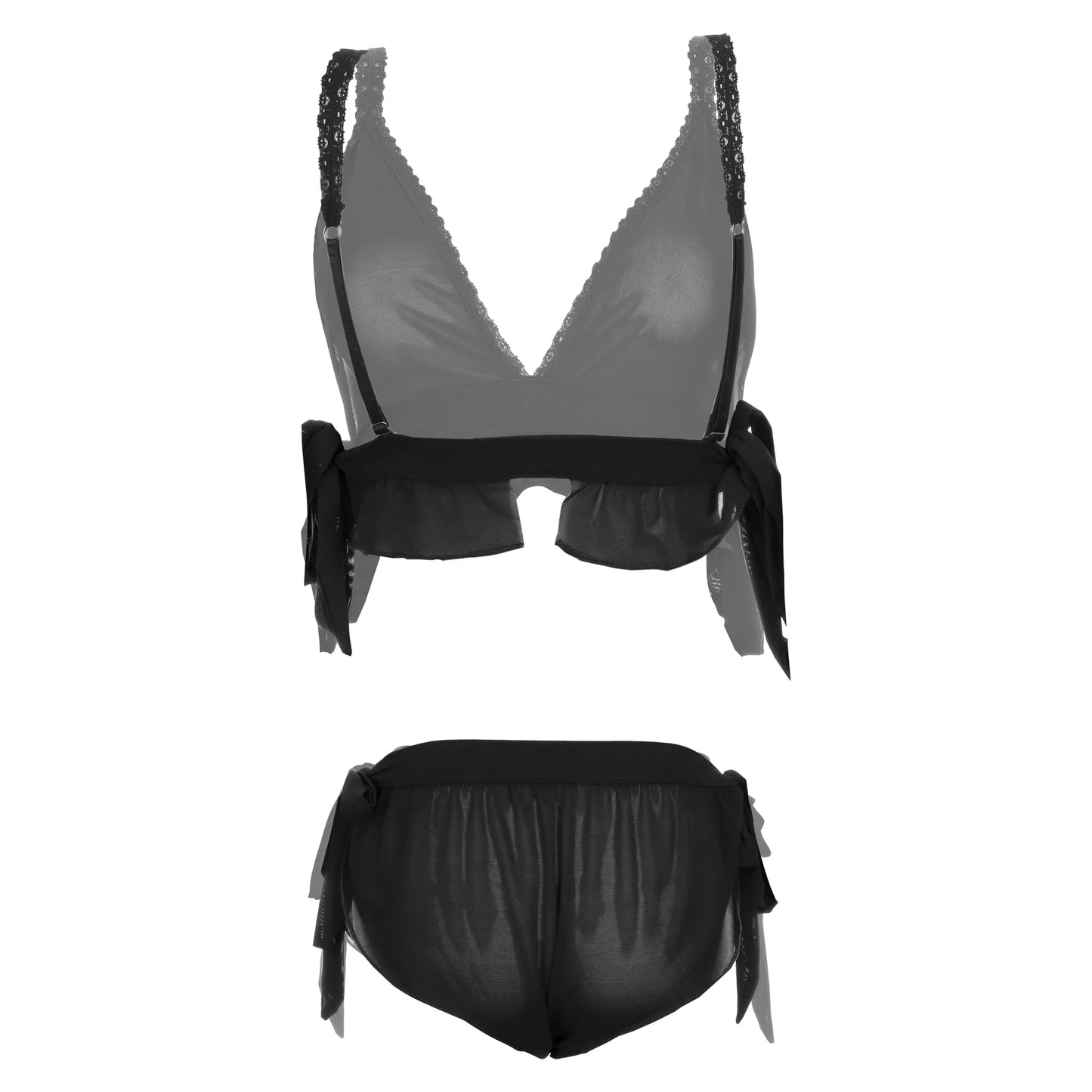 Women’s Sheer Ruffled Mesh Triangle Bralette & Tie-Side Panty Set – Elegant Two-Piece Lingerie Ensemble with Adjustable Satin Ties