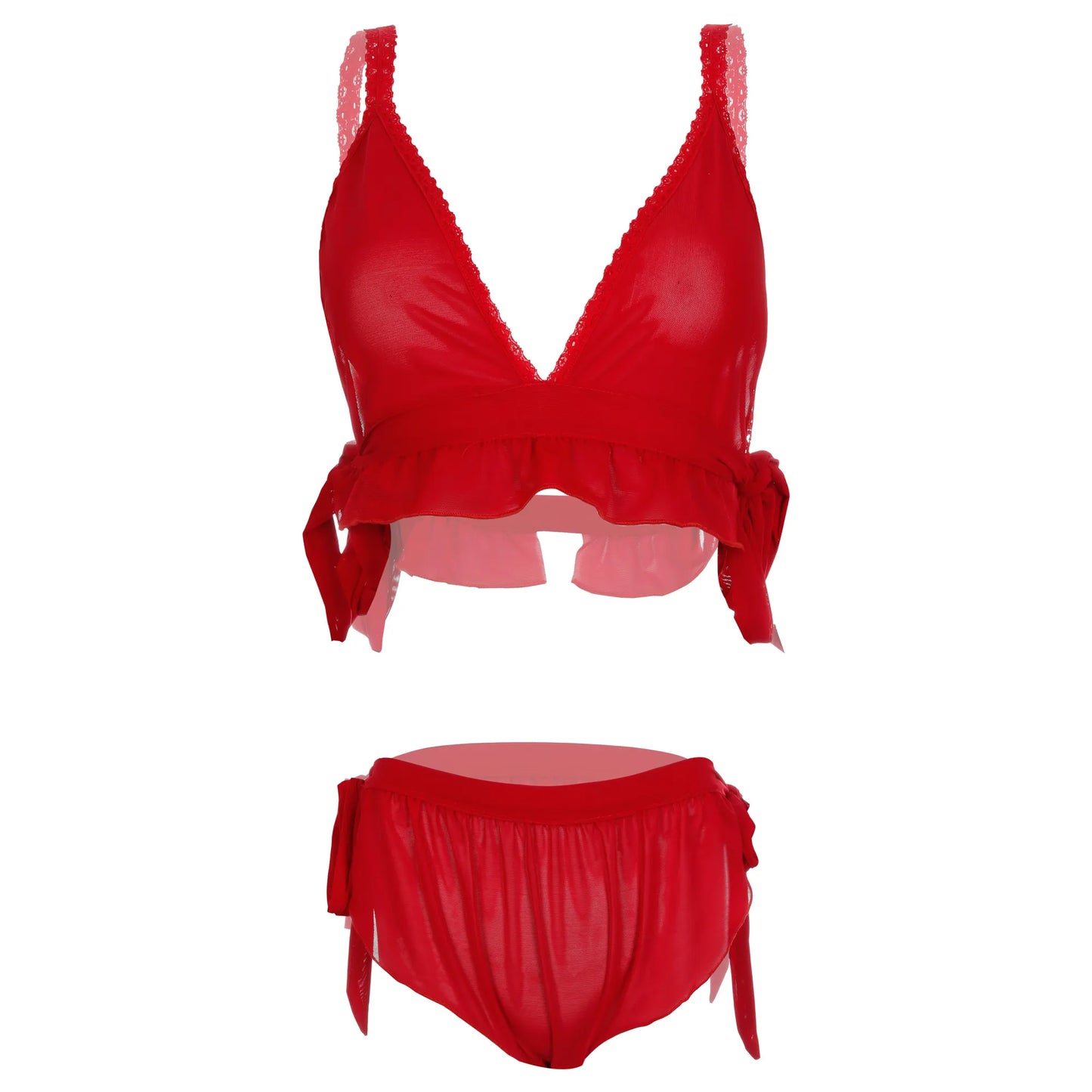 Women’s Sheer Ruffled Mesh Triangle Bralette & Tie-Side Panty Set – Elegant Two-Piece Lingerie Ensemble with Adjustable Satin Ties