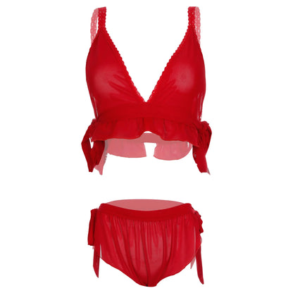 Women’s Sheer Ruffled Mesh Triangle Bralette & Tie-Side Panty Set – Elegant Two-Piece Lingerie Ensemble with Adjustable Satin Ties