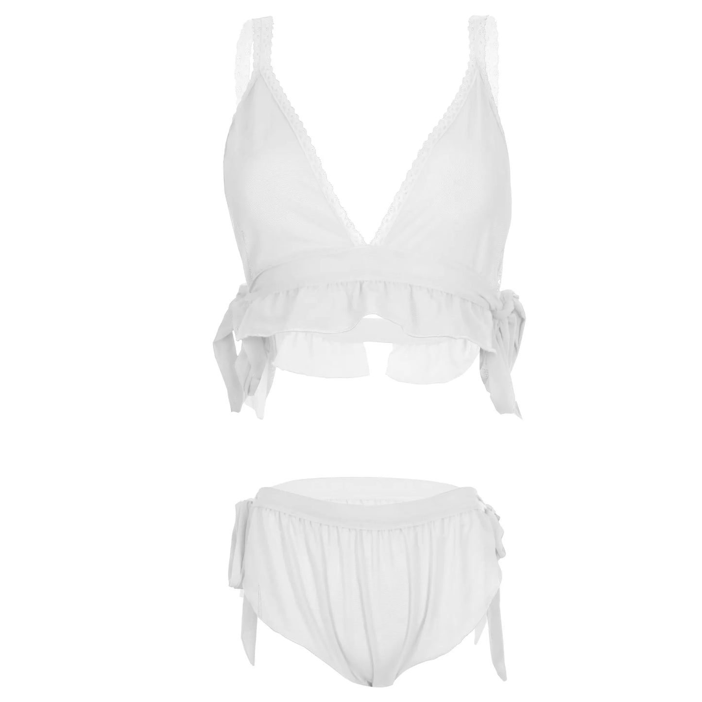 Women’s Sheer Ruffled Mesh Triangle Bralette & Tie-Side Panty Set – Elegant Two-Piece Lingerie Ensemble with Adjustable Satin Ties