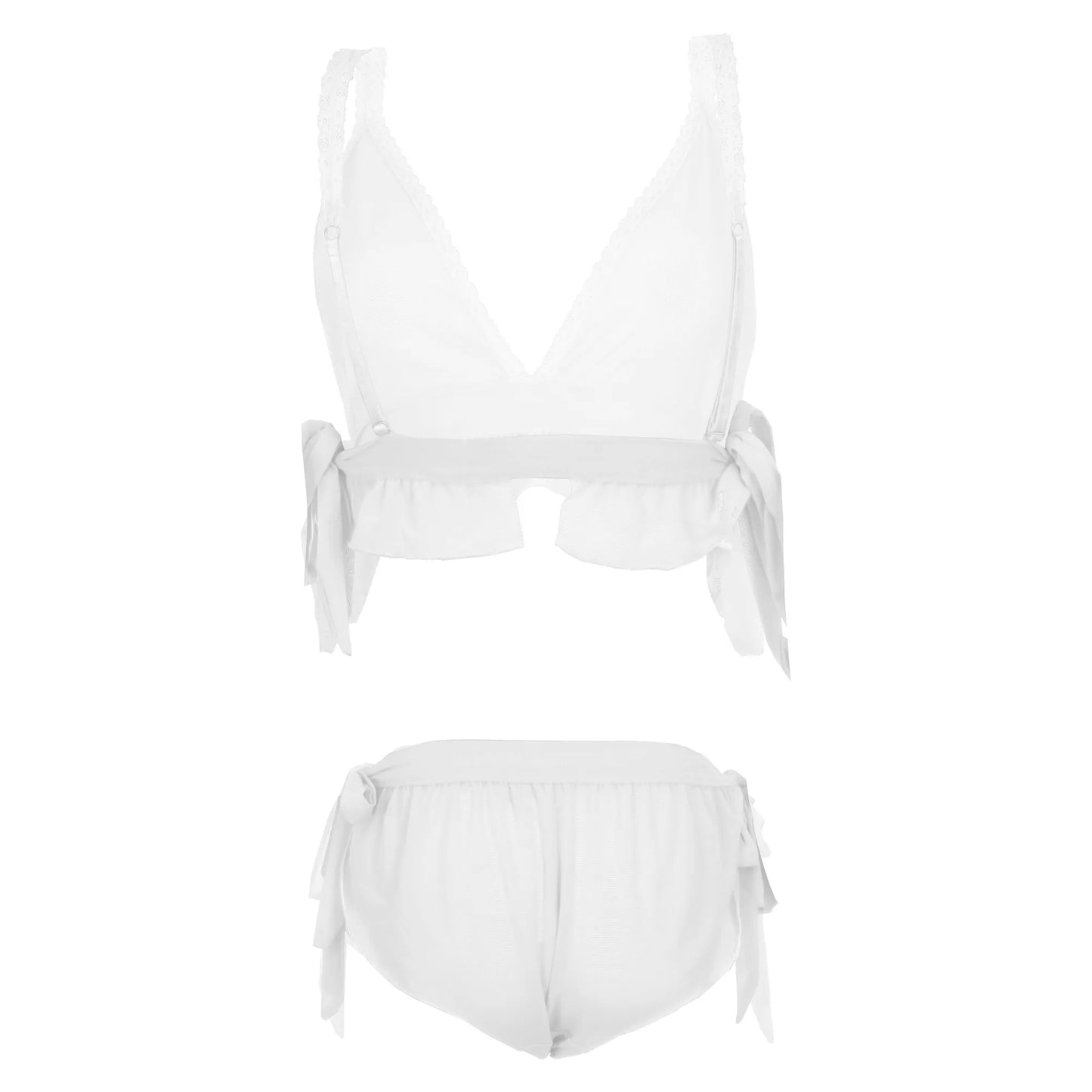 Women’s Sheer Ruffled Mesh Triangle Bralette & Tie-Side Panty Set – Elegant Two-Piece Lingerie Ensemble with Adjustable Satin Ties
