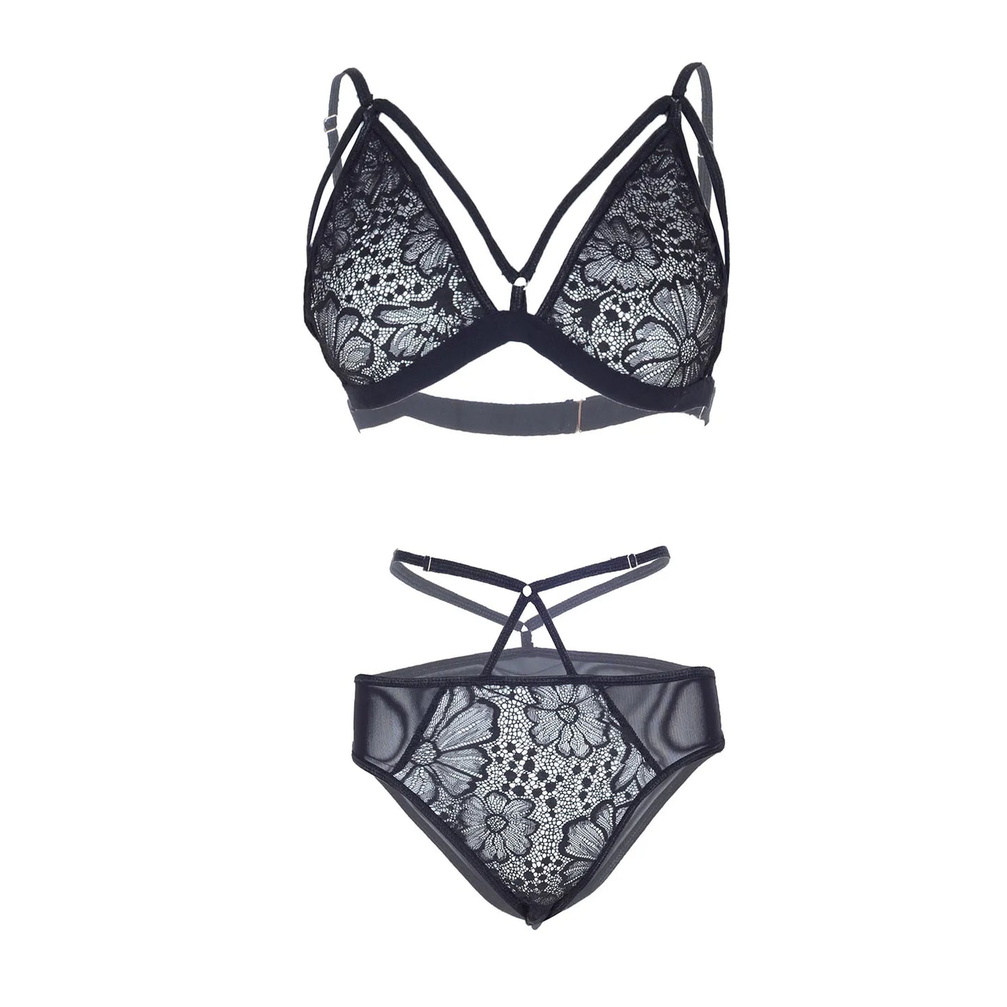 Premium Women’s Strappy Floral Lace Triangle Bralette & Cut-Out Panty Set – Elegant Two-Piece Lingerie Ensemble with Modern Cage-Style Detail