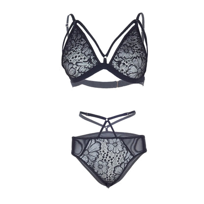 Premium Women’s Strappy Floral Lace Triangle Bralette & Cut-Out Panty Set – Elegant Two-Piece Lingerie Ensemble with Modern Cage-Style Detail