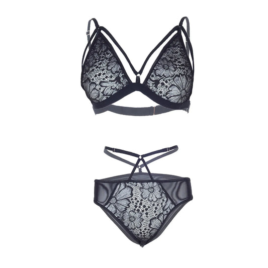 Premium Women’s Strappy Floral Lace Triangle Bralette & Cut-Out Panty Set – Elegant Two-Piece Lingerie Ensemble with Modern Cage-Style Detail