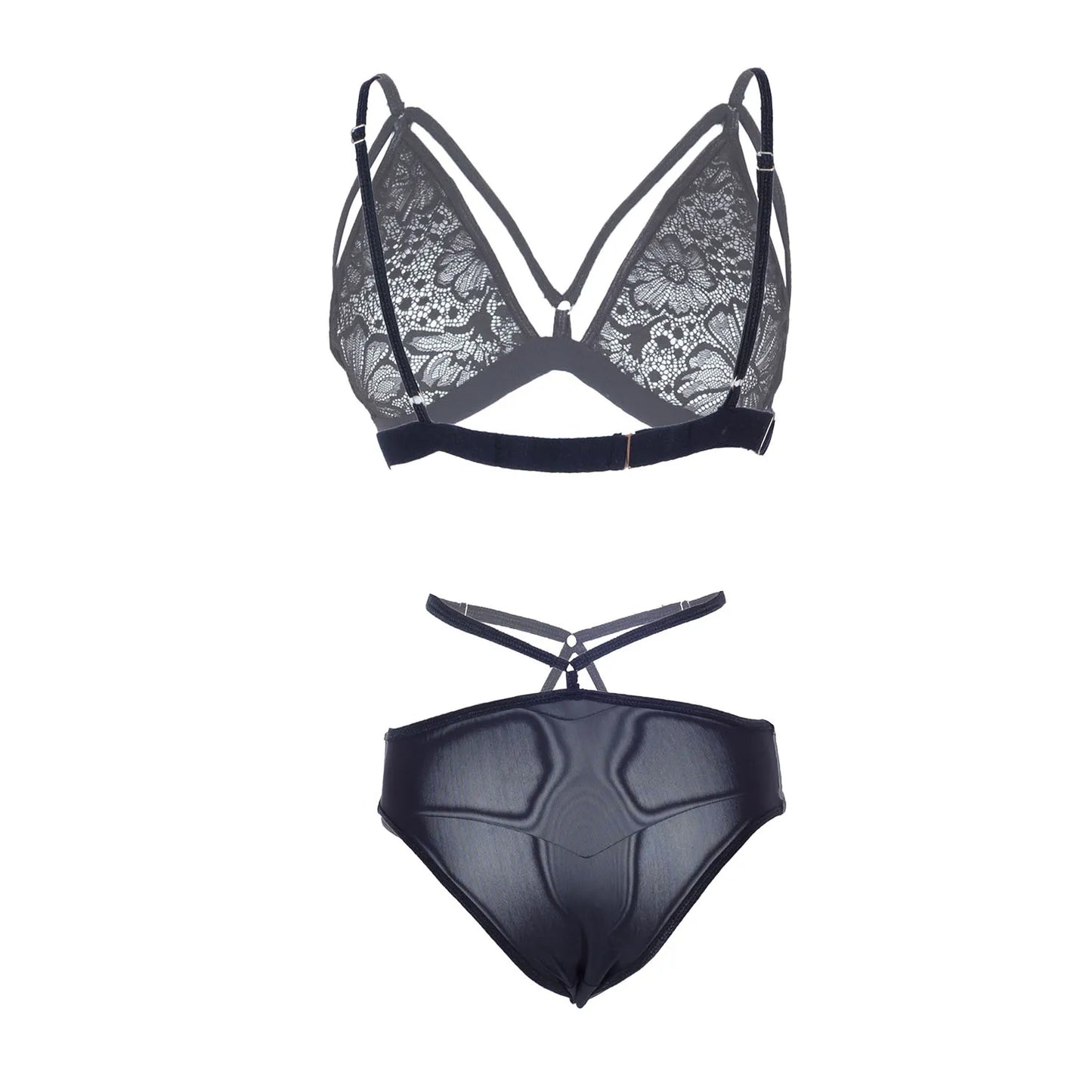 Premium Women’s Strappy Floral Lace Triangle Bralette & Cut-Out Panty Set – Elegant Two-Piece Lingerie Ensemble with Modern Cage-Style Detail