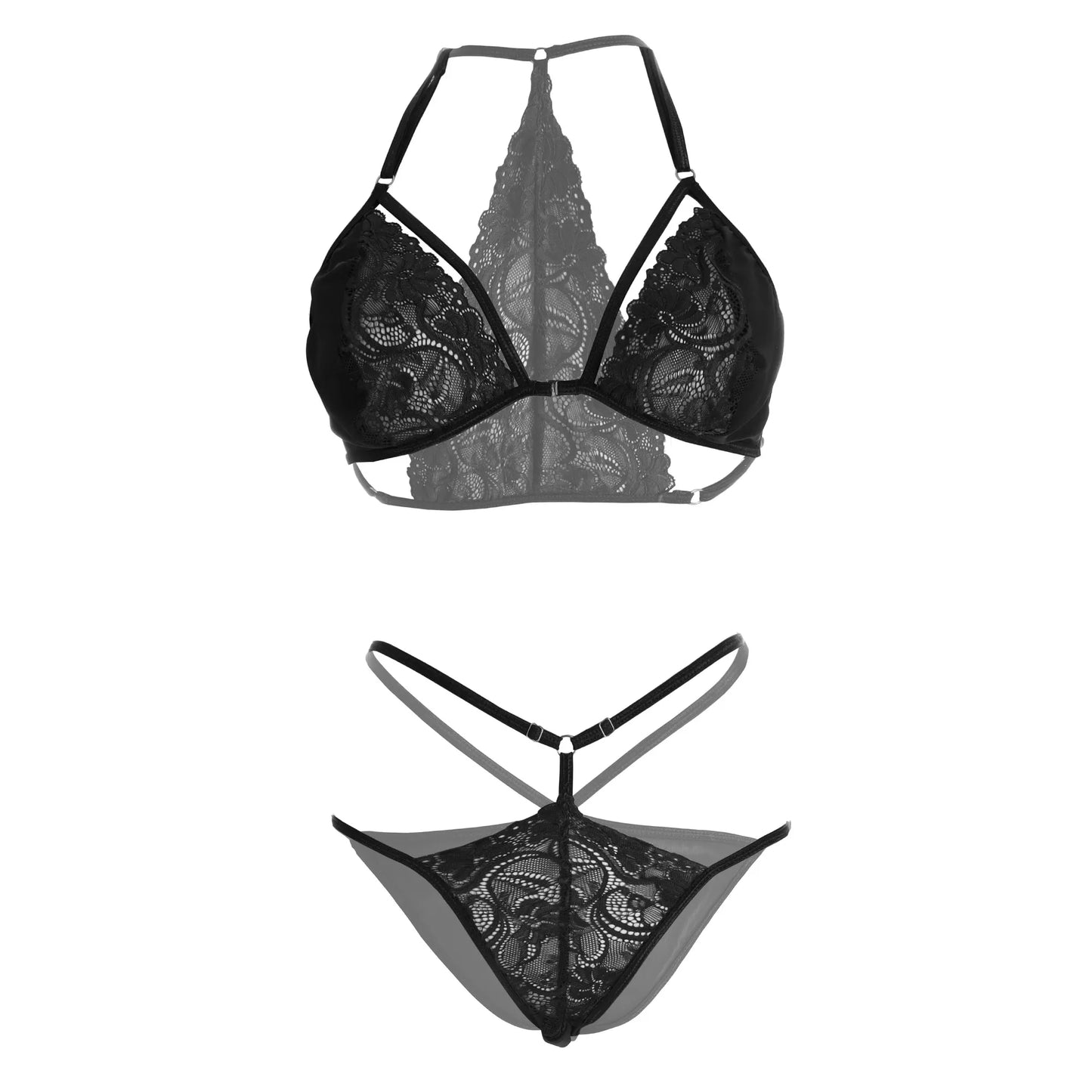Women’s Floral Lace Halter Harness Bralette & Strappy Thong Set – Elegant Two-Piece Lingerie Ensemble with Modern Gold-Tone Ring Hardware