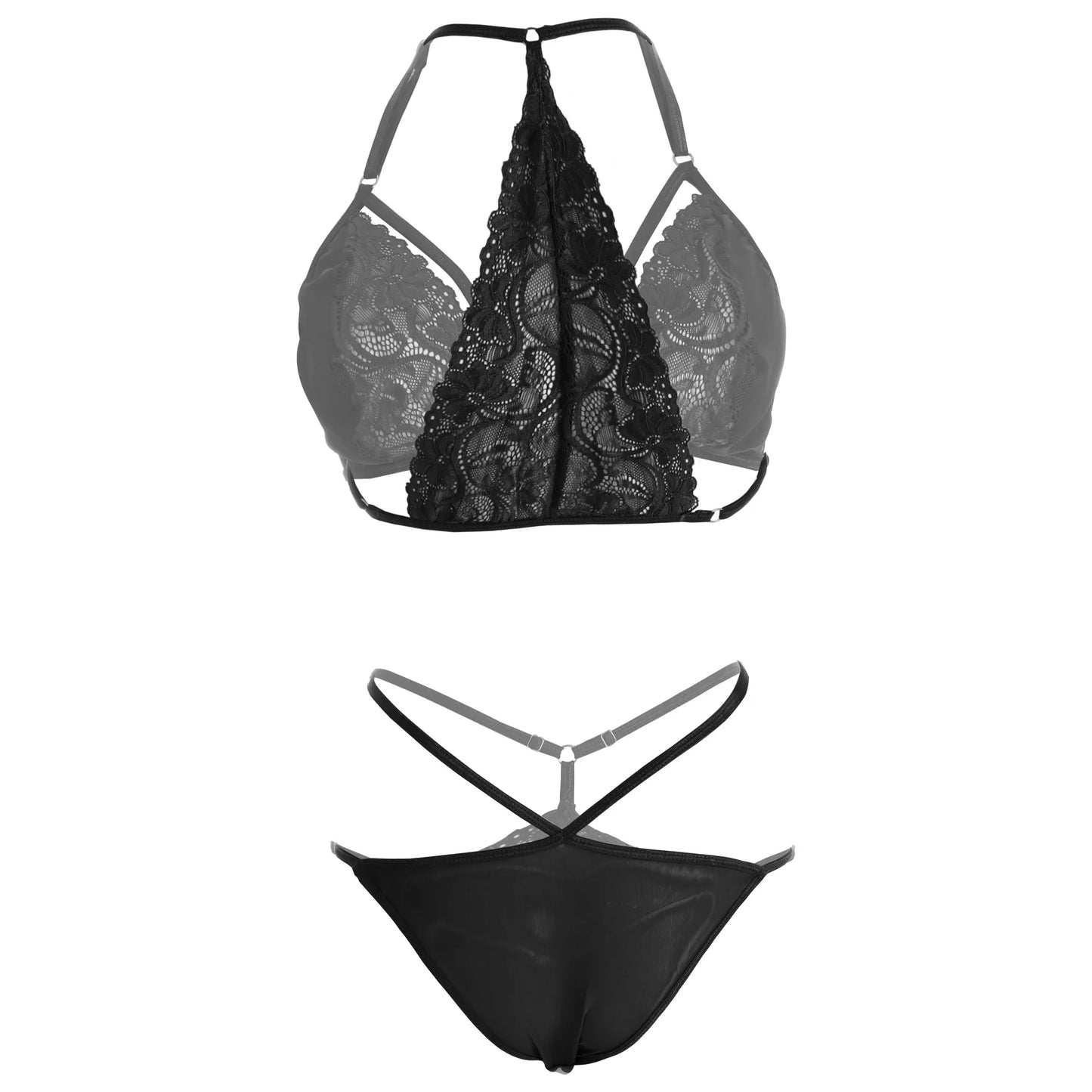 Women’s Floral Lace Halter Harness Bralette & Strappy Thong Set – Elegant Two-Piece Lingerie Ensemble with Modern Gold-Tone Ring Hardware