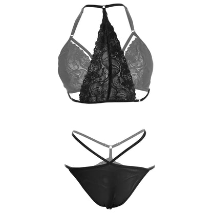 Women’s Floral Lace Halter Harness Bralette & Strappy Thong Set – Elegant Two-Piece Lingerie Ensemble with Modern Gold-Tone Ring Hardware