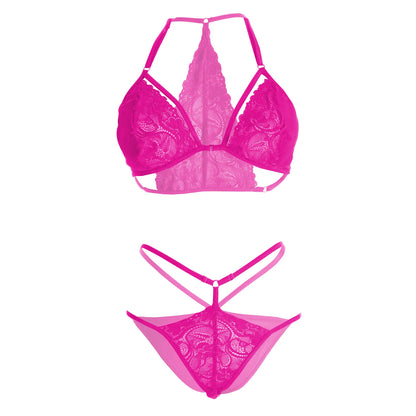 Women’s Floral Lace Halter Harness Bralette & Strappy Thong Set – Elegant Two-Piece Lingerie Ensemble with Modern Gold-Tone Ring Hardware