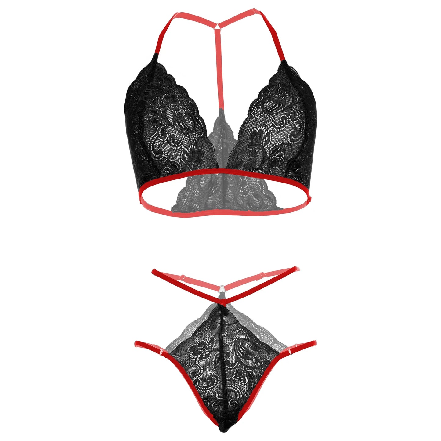 Premium Women’s Contrast Floral Lace Halter Bralette & Multi-Strap Thong Set – Elegant Two-Piece Lingerie Ensemble with Crimson Red Strapping