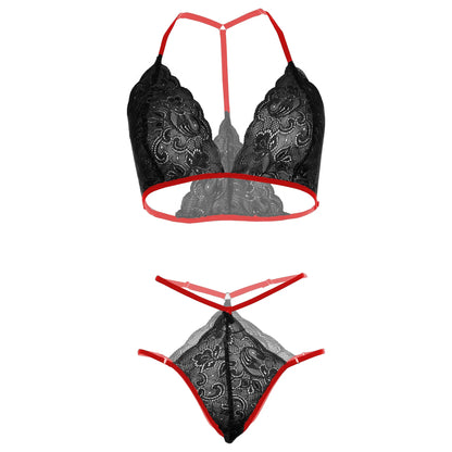 Premium Women’s Contrast Floral Lace Halter Bralette & Multi-Strap Thong Set – Elegant Two-Piece Lingerie Ensemble with Crimson Red Strapping