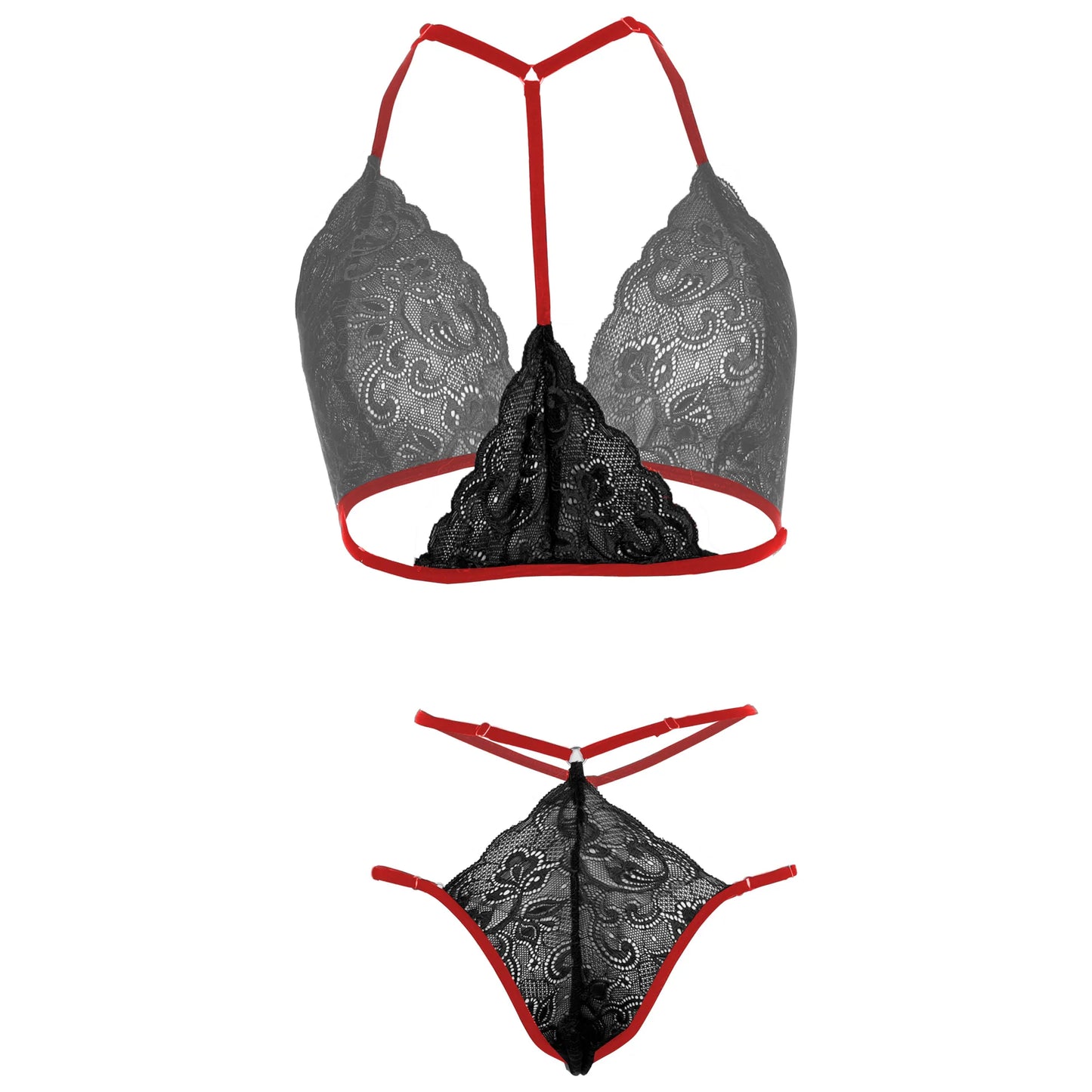 Premium Women’s Contrast Floral Lace Halter Bralette & Multi-Strap Thong Set – Elegant Two-Piece Lingerie Ensemble with Crimson Red Strapping