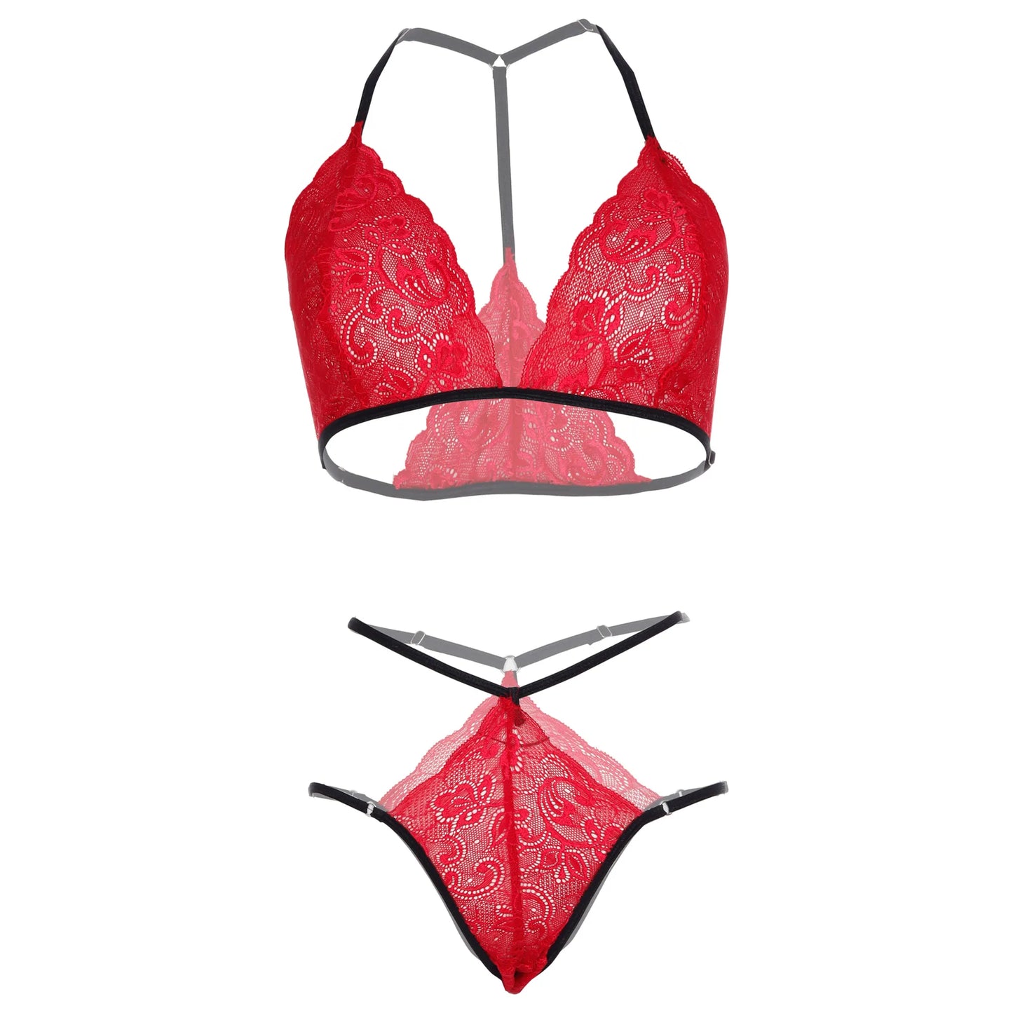 Premium Women’s Contrast Floral Lace Halter Bralette & Multi-Strap Thong Set – Elegant Two-Piece Lingerie Ensemble with Crimson Red Strapping