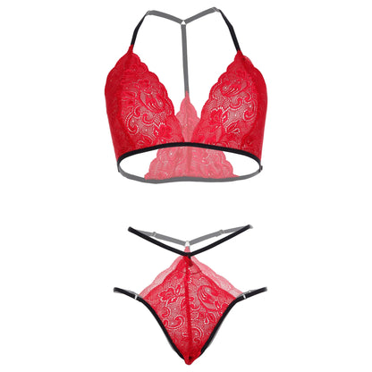 Premium Women’s Contrast Floral Lace Halter Bralette & Multi-Strap Thong Set – Elegant Two-Piece Lingerie Ensemble with Crimson Red Strapping