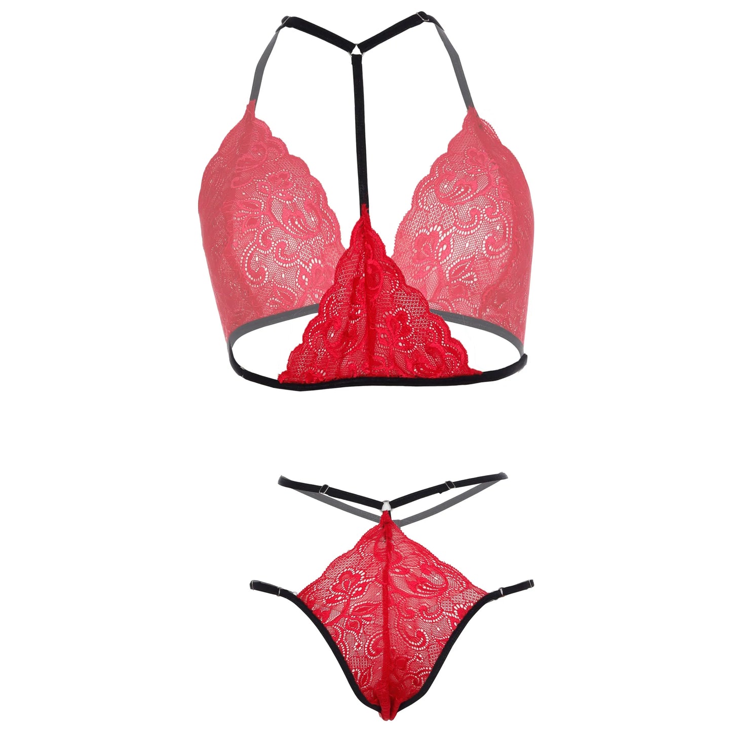 Premium Women’s Contrast Floral Lace Halter Bralette & Multi-Strap Thong Set – Elegant Two-Piece Lingerie Ensemble with Crimson Red Strapping