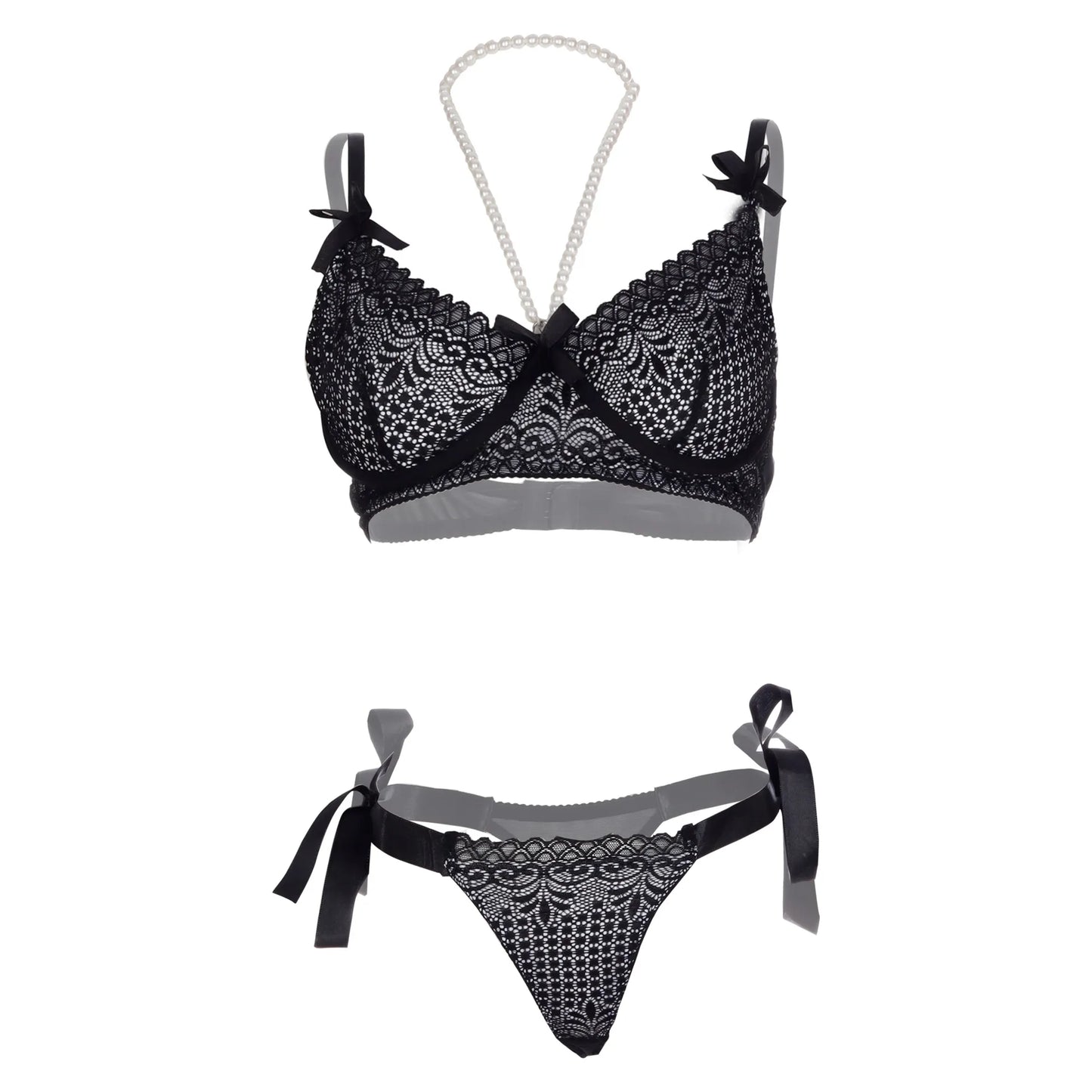 Premium Women’s Monochrome Floral Lace Balconette Bralette & Tie-Side Thong Set – Elegant Two-Piece Lingerie Ensemble with Pearl-Accent Styling