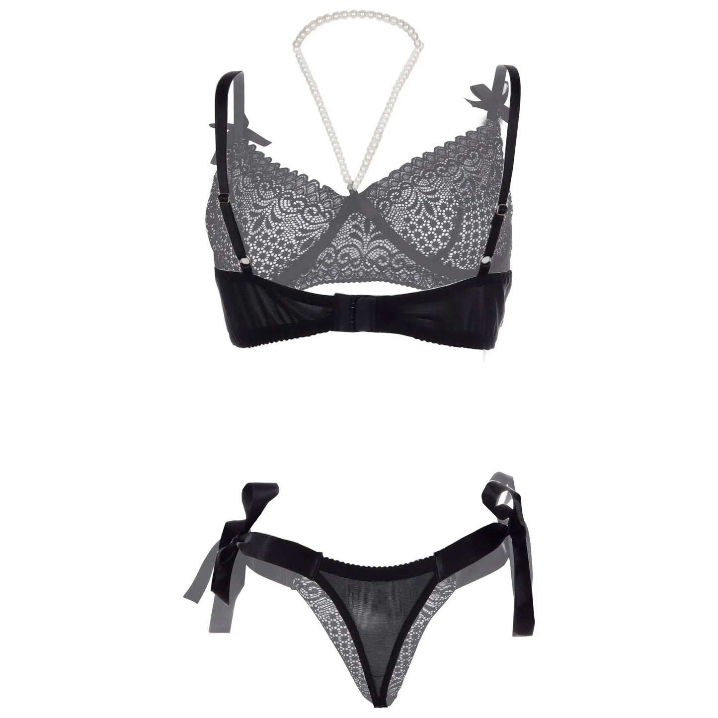 Premium Women’s Monochrome Floral Lace Balconette Bralette & Tie-Side Thong Set – Elegant Two-Piece Lingerie Ensemble with Pearl-Accent Styling