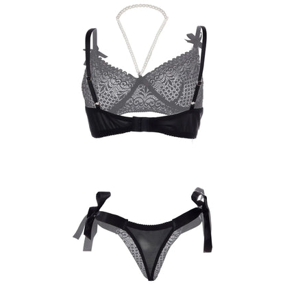 Premium Women’s Monochrome Floral Lace Balconette Bralette & Tie-Side Thong Set – Elegant Two-Piece Lingerie Ensemble with Pearl-Accent Styling