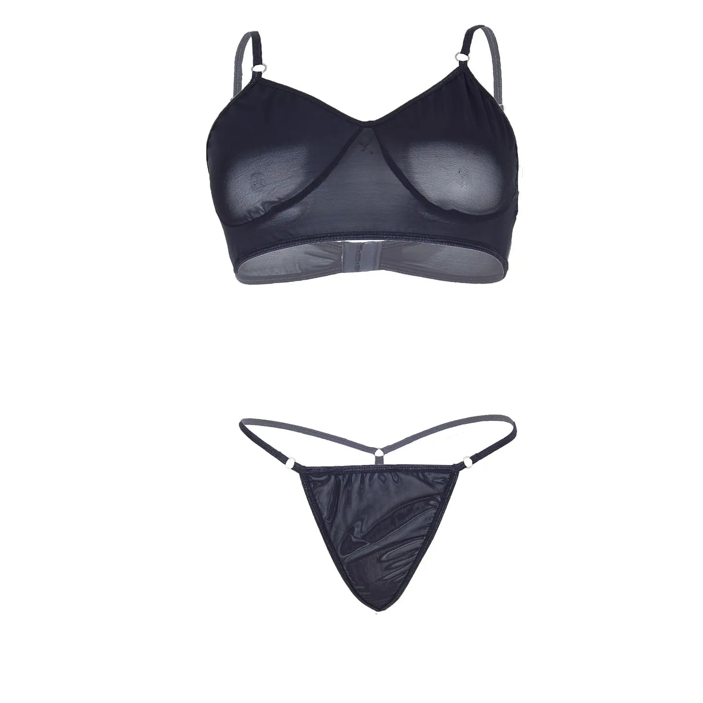 Premium Women’s Sheer Noir Mesh Demi-Bralette & Strappy Thong Set – Elegant Two-Piece Lingerie Ensemble with Modern Ring Detail