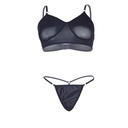 Premium Women’s Sheer Noir Mesh Demi-Bralette & Strappy Thong Set – Elegant Two-Piece Lingerie Ensemble with Modern Ring Detail