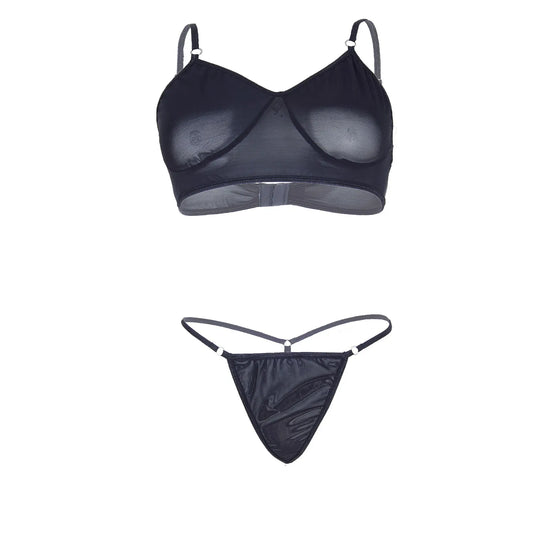 Premium Women’s Sheer Noir Mesh Demi-Bralette & Strappy Thong Set – Elegant Two-Piece Lingerie Ensemble with Modern Ring Detail
