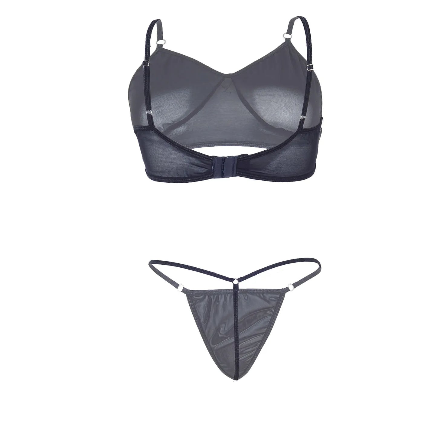 Premium Women’s Sheer Noir Mesh Demi-Bralette & Strappy Thong Set – Elegant Two-Piece Lingerie Ensemble with Modern Ring Detail
