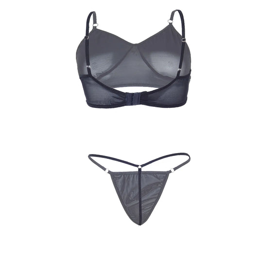 Premium Women’s Sheer Noir Mesh Demi-Bralette & Strappy Thong Set – Elegant Two-Piece Lingerie Ensemble with Modern Ring Detail