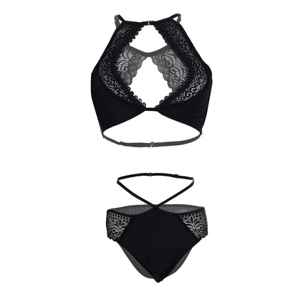 Premium Women’s High-Neck Satin & Floral Lace Halter Bralette & Panty Set – Elegant Two-Piece Lingerie Ensemble with Modern Keyhole Cut-Out