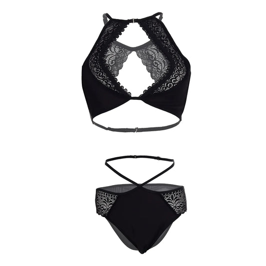Premium Women’s High-Neck Satin & Floral Lace Halter Bralette & Panty Set – Elegant Two-Piece Lingerie Ensemble with Modern Keyhole Cut-Out