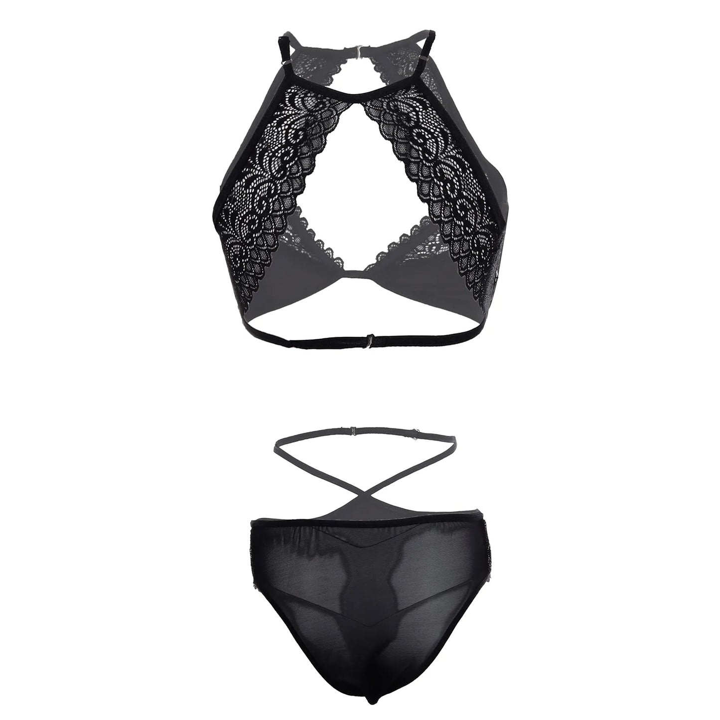 Premium Women’s High-Neck Satin & Floral Lace Halter Bralette & Panty Set – Elegant Two-Piece Lingerie Ensemble with Modern Keyhole Cut-Out