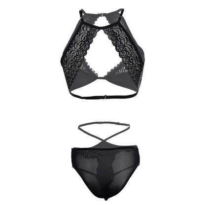 Premium Women’s High-Neck Satin & Floral Lace Halter Bralette & Panty Set – Elegant Two-Piece Lingerie Ensemble with Modern Keyhole Cut-Out
