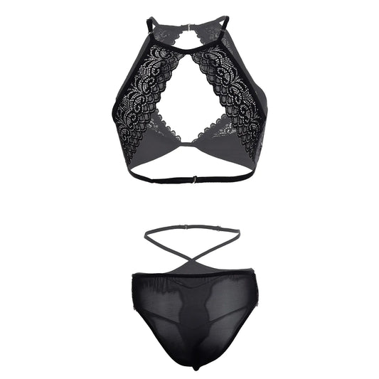Premium Women’s High-Neck Satin & Floral Lace Halter Bralette & Panty Set – Elegant Two-Piece Lingerie Ensemble with Modern Keyhole Cut-Out