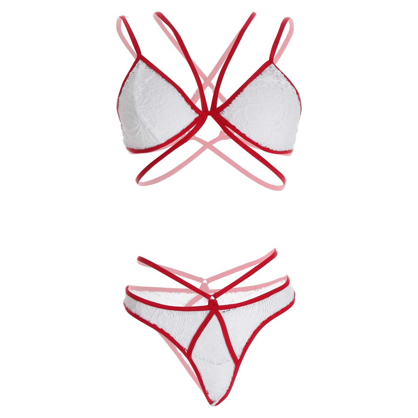 Premium Women’s White Floral Lace & Crimson Red Strappy Bralette Set – Elegant Two-Piece Bridal Lingerie with Modern Geometric Harness Detail
