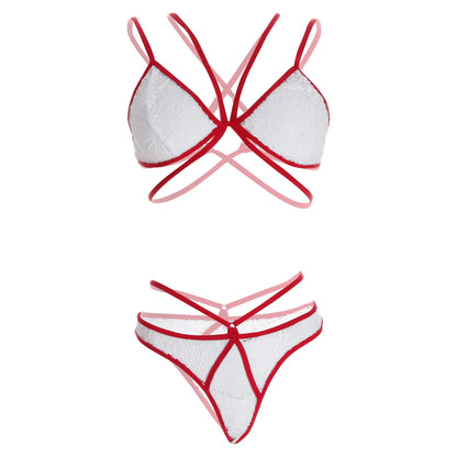 Premium Women’s White Floral Lace & Crimson Red Strappy Bralette Set – Elegant Two-Piece Bridal Lingerie with Modern Geometric Harness Detail