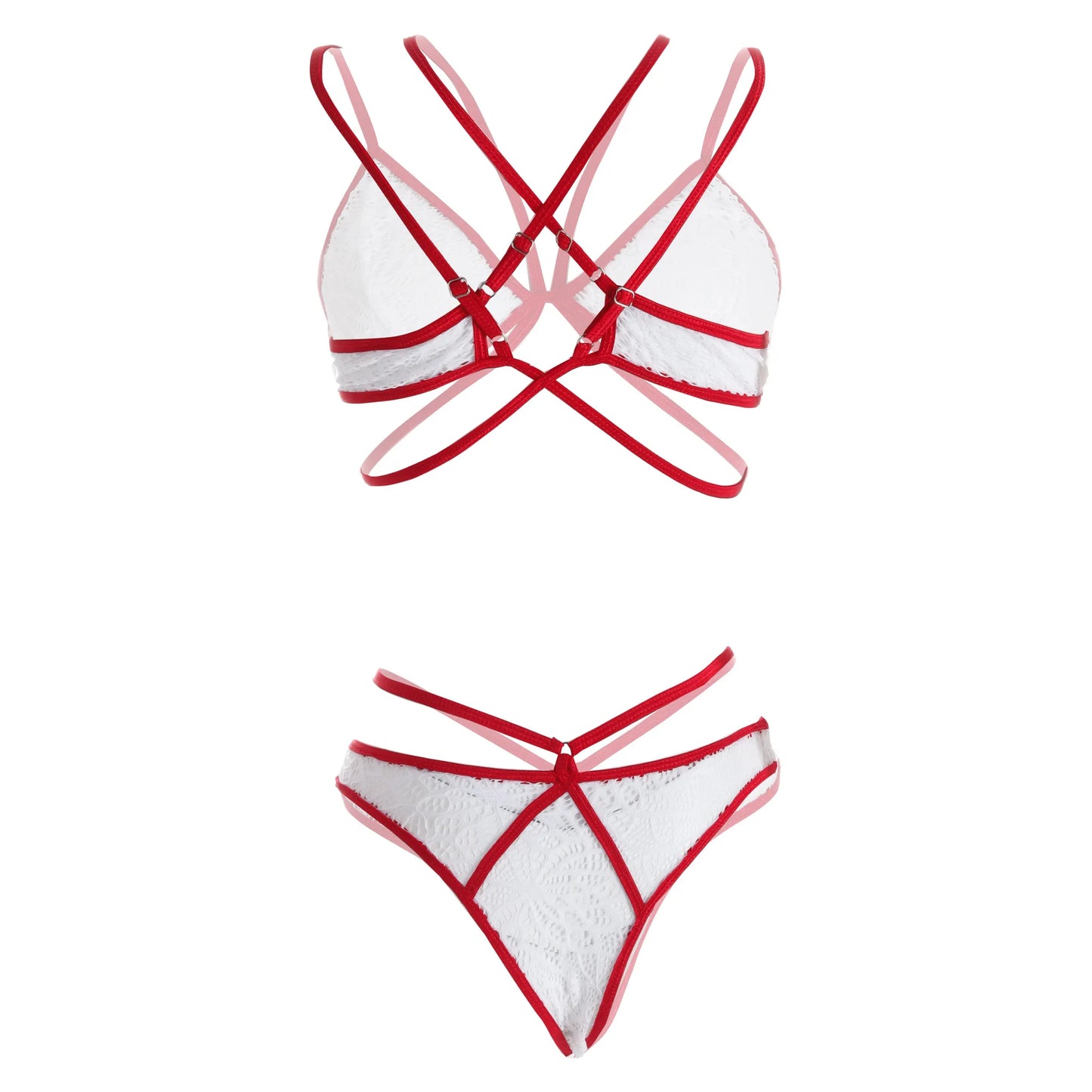 Premium Women’s White Floral Lace & Crimson Red Strappy Bralette Set – Elegant Two-Piece Bridal Lingerie with Modern Geometric Harness Detail