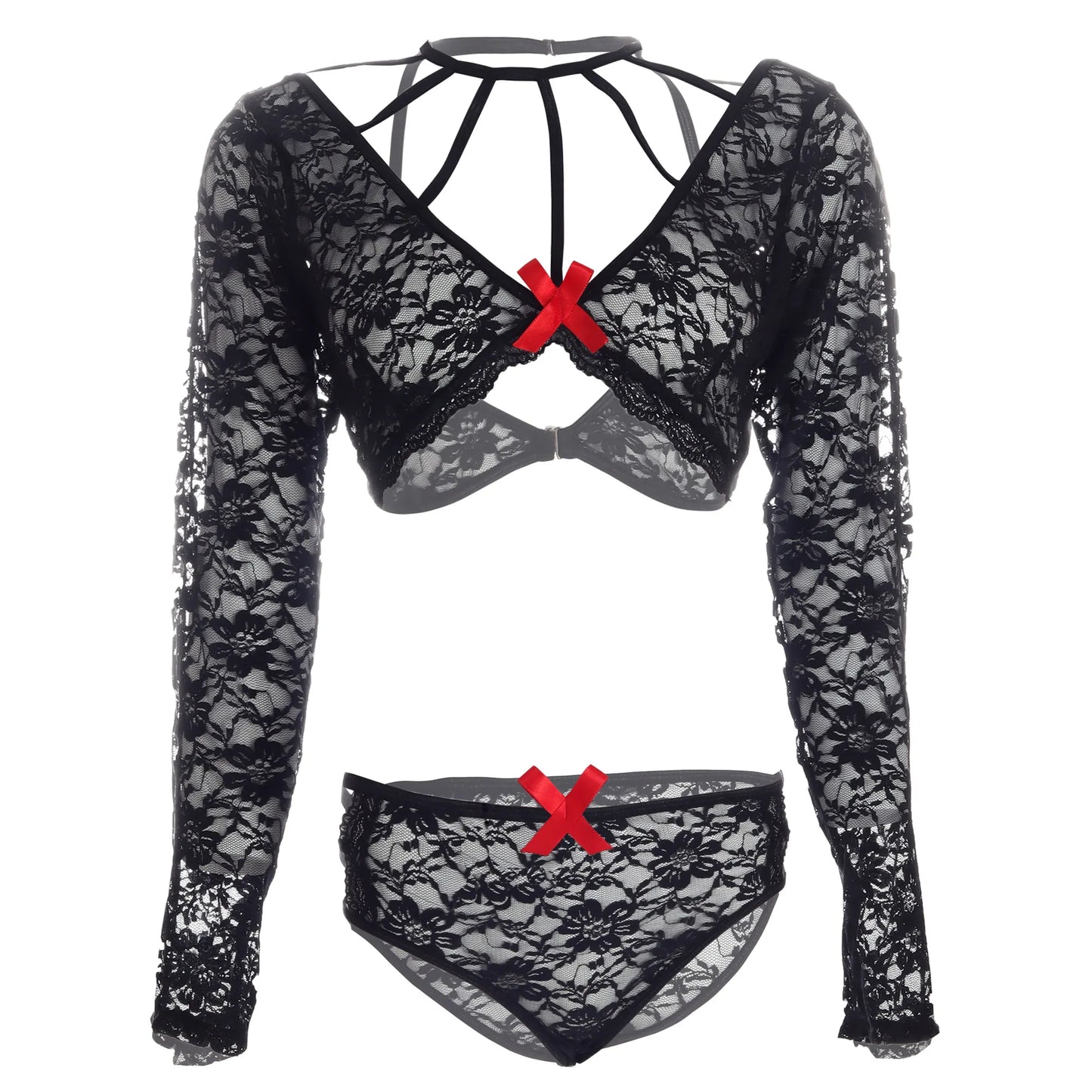 Women Lace CrissCross Black Bra & Panty Lingerie