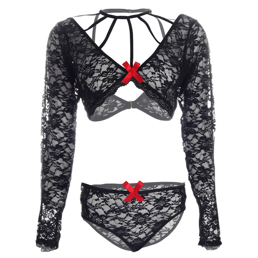 Women Lace CrissCross Black Bra & Panty Lingerie