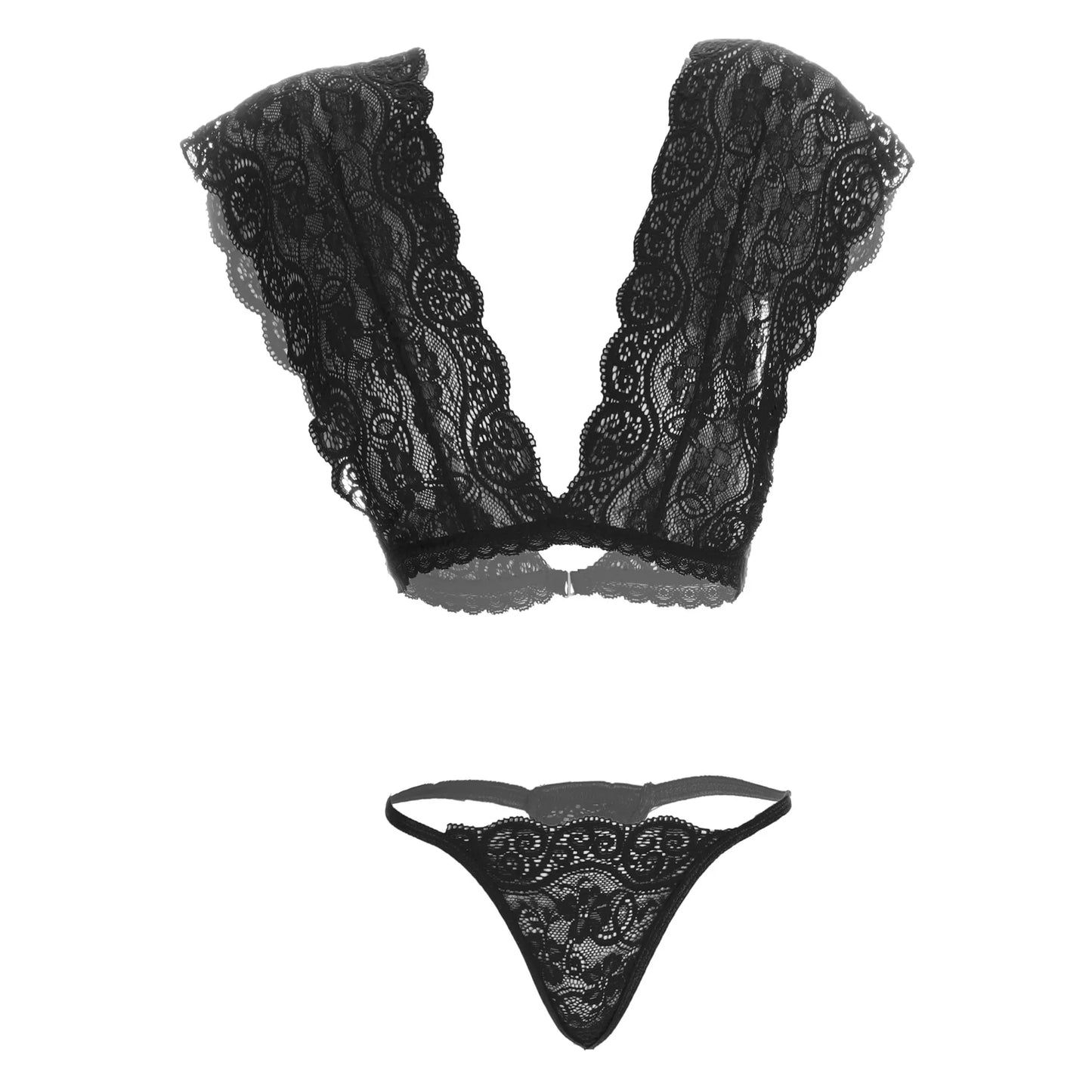 Women’s Floral Lace Bralette & String Panty Set – Elegant Two-Piece Lingerie Ensemble with Scalloped V-Neck Detail