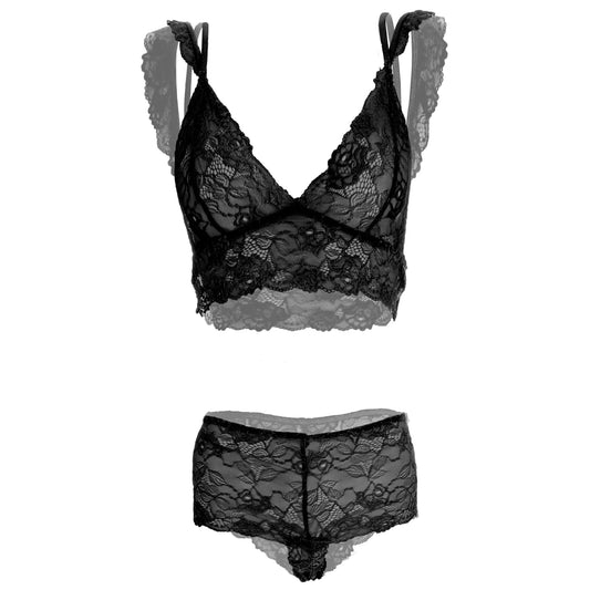 Women’s Floral Lace Longline Bralette & Boyshort Set – Elegant Two-Piece Lingerie Ensemble with Scalloped Embroidery Trim